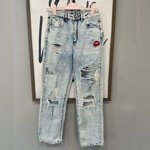 Bat/Lips Distressed embroidered high rise jeans